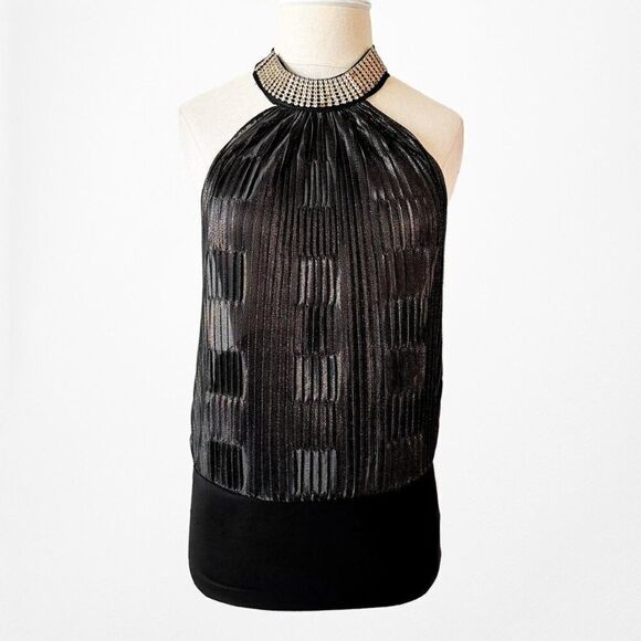 Vintage Y2K Monaco Black Pleated Rhinestone Collar Sleeveless Knit Top Size M - Picture 3 of 7